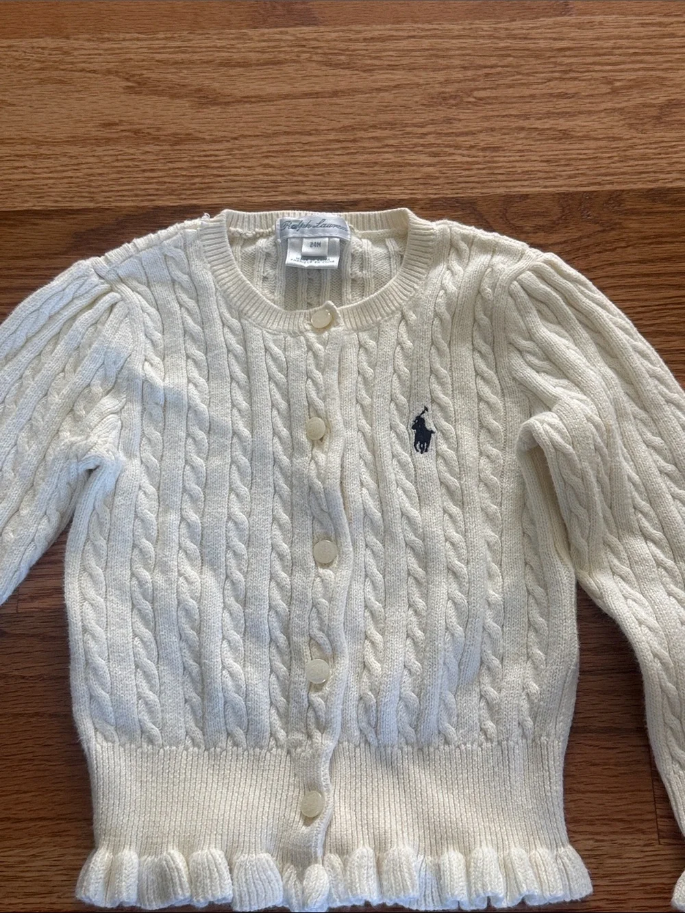 Ralph Lauren Cream Cable Knit Girl's Cardigan with Navy Pony
